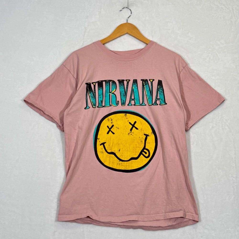 Nirvana Pink Smiley Face Graphic Band Tee Large